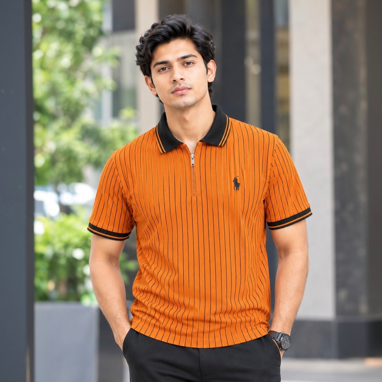Vertical Stripe Half-Zip Polo T-Shirt - view 1