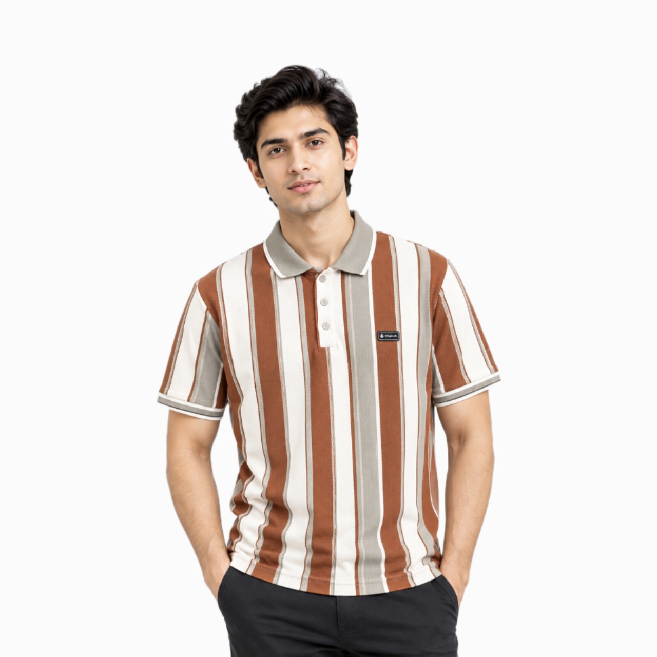 Rust Brown & Cream Vertical Stripe Polo T-Shirt - view 1
