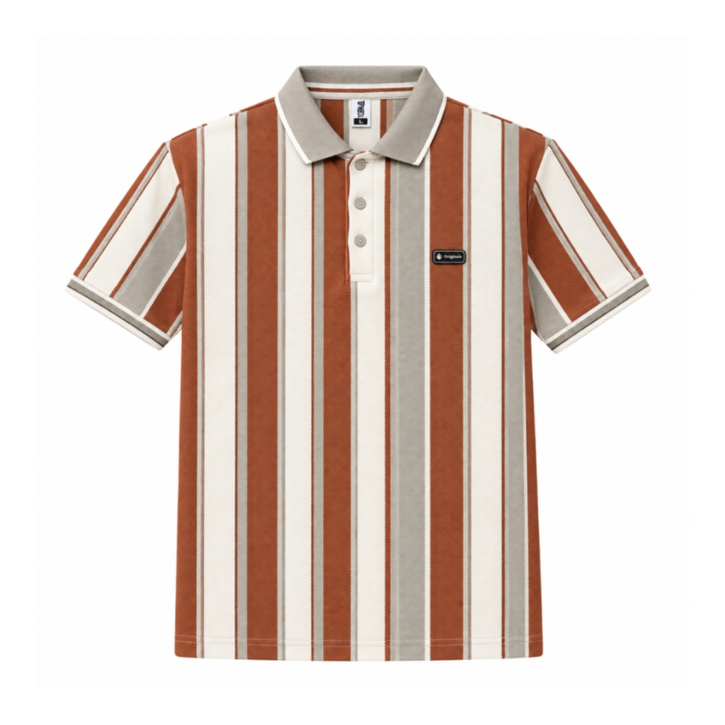 Rust Brown & Cream Vertical Stripe Polo T-Shirt - view 2