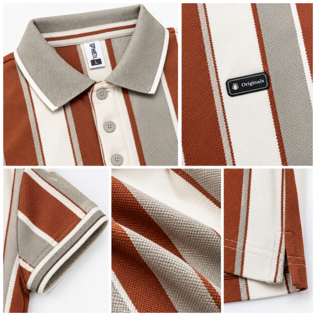 Rust Brown & Cream Vertical Stripe Polo T-Shirt - view 3