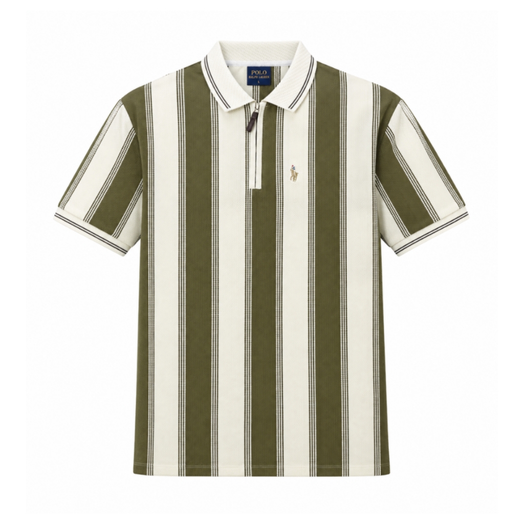Olive Green & Cream Vertical Stripe Polo T-Shirt - view 2