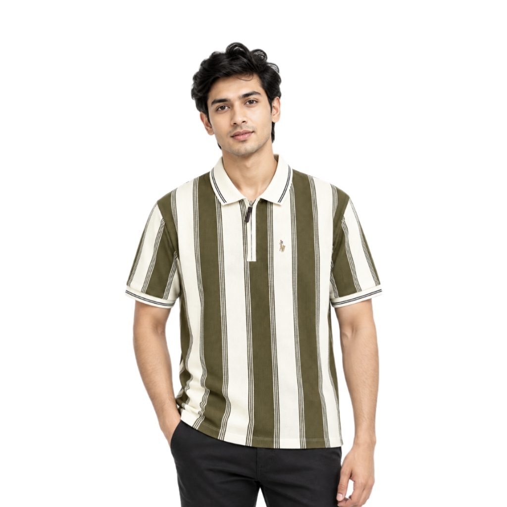 Olive Green & Cream Vertical Stripe Polo T-Shirt - view 1